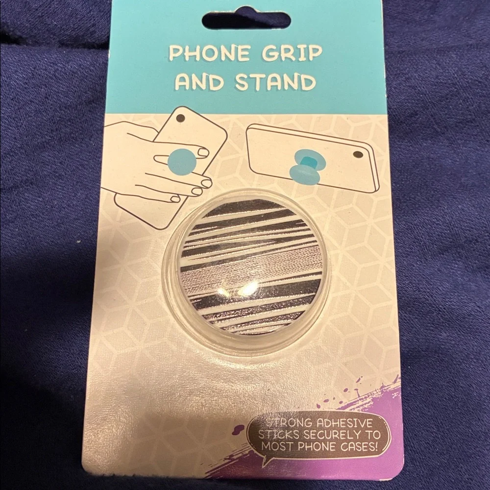 Striped Phone Grip and Stand - Black and Silver